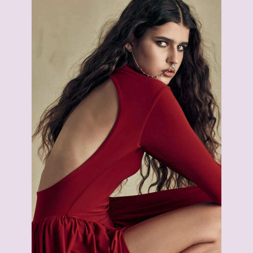 Mozision Backless O-neck Pleated Thigh Slit Long Sleeveless Autumn Winter Red Sexy Maxi Dress For Women High Waist Slim Dress - KIMLUD