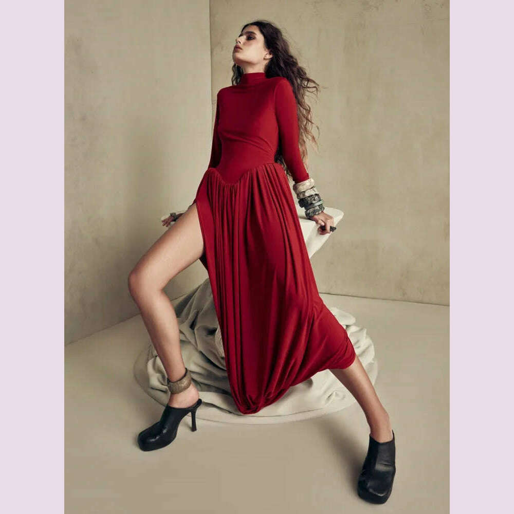 Mozision Backless O-neck Pleated Thigh Slit Long Sleeveless Autumn Winter Red Sexy Maxi Dress For Women High Waist Slim Dress - KIMLUD