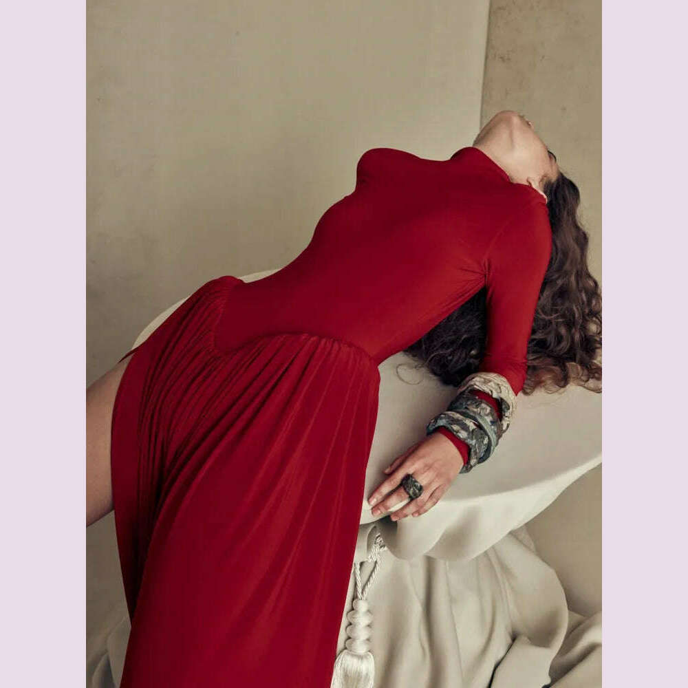 Mozision Backless O-neck Pleated Thigh Slit Long Sleeveless Autumn Winter Red Sexy Maxi Dress For Women High Waist Slim Dress - KIMLUD