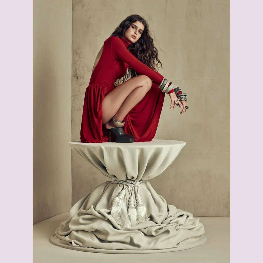Mozision Backless O-neck Pleated Thigh Slit Long Sleeveless Autumn Winter Red Sexy Maxi Dress For Women High Waist Slim Dress - KIMLUD
