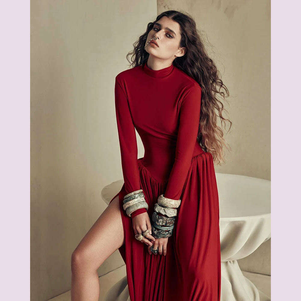 Mozision Backless O-neck Pleated Thigh Slit Long Sleeveless Autumn Winter Red Sexy Maxi Dress For Women High Waist Slim Dress - KIMLUD