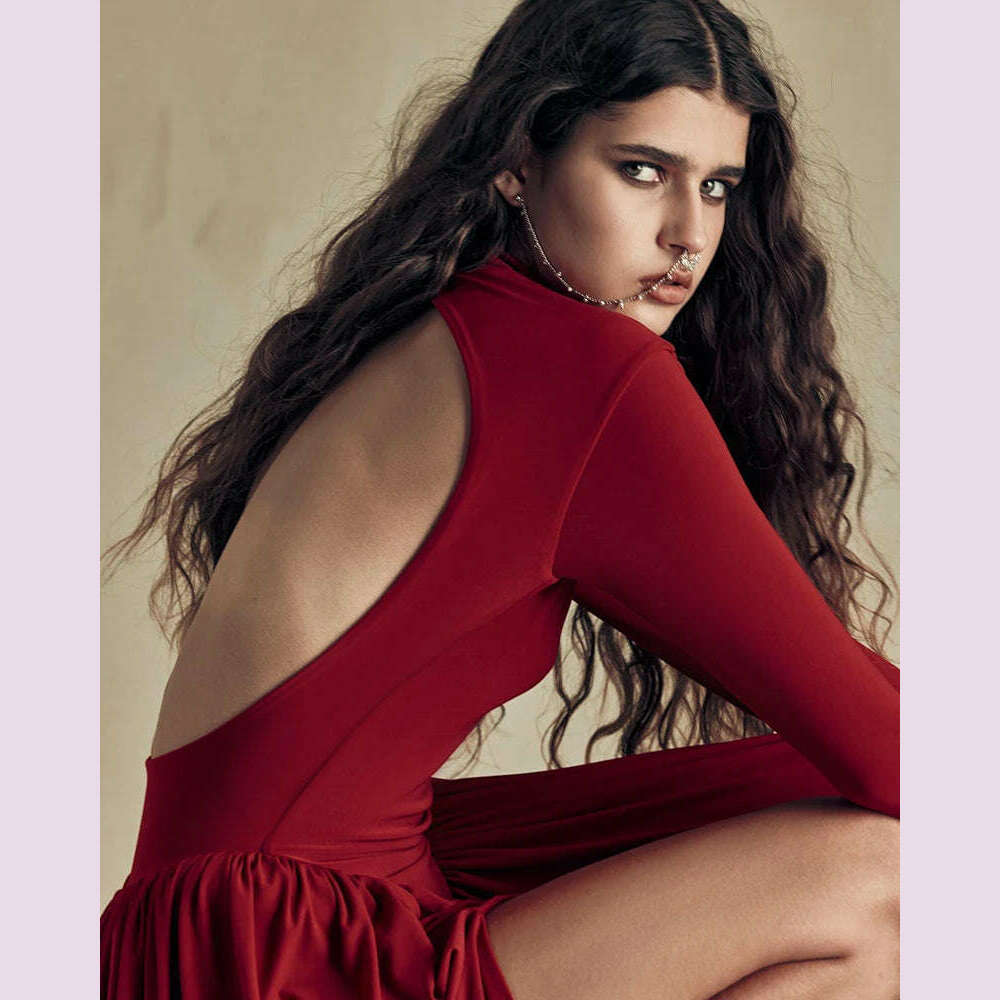 Mozision Backless O-neck Pleated Thigh Slit Long Sleeveless Autumn Winter Red Sexy Maxi Dress For Women High Waist Slim Dress - KIMLUD