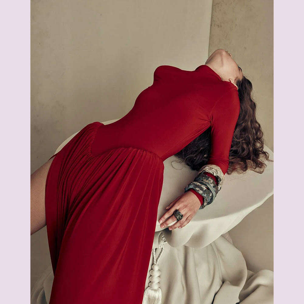 Mozision Backless O-neck Pleated Thigh Slit Long Sleeveless Autumn Winter Red Sexy Maxi Dress For Women High Waist Slim Dress - KIMLUD