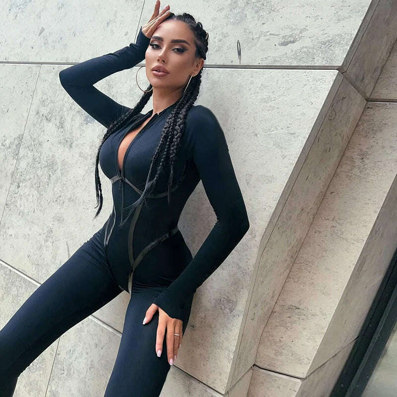 Mozision Black Sexy Skinny Jumpsuit Women Overalls O Neck Full Sleeve Zipper Sporty Jumpsuits Ladies Fashion Rompers Streetwear - KIMLUD