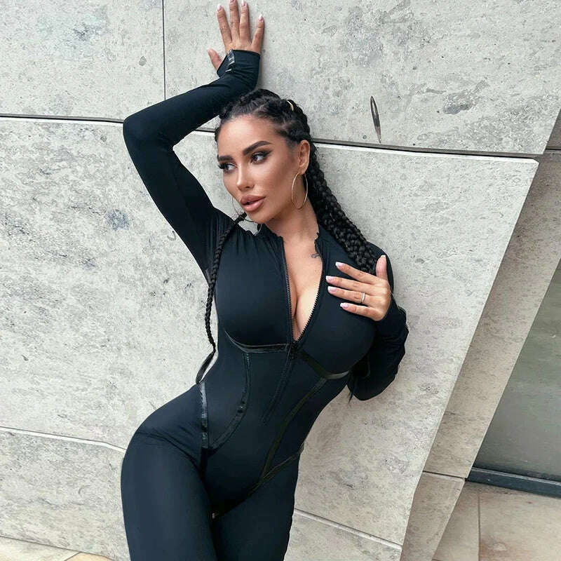 Mozision Black Sexy Skinny Jumpsuit Women Overalls O Neck Full Sleeve Zipper Sporty Jumpsuits Ladies Fashion Rompers Streetwear - KIMLUD
