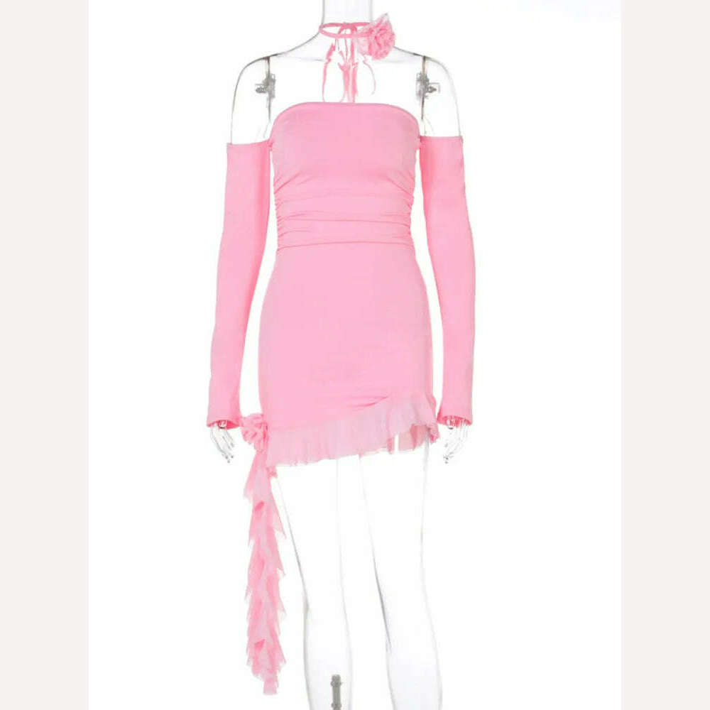 KIMLUD, Mozision Elegant Halter 3D Flower Ruffle Mini Dress For Women Autumn New Off-shoulder Backless Long Sleeve Bodycon Sexy Dress, KIMLUD Womens Clothes
