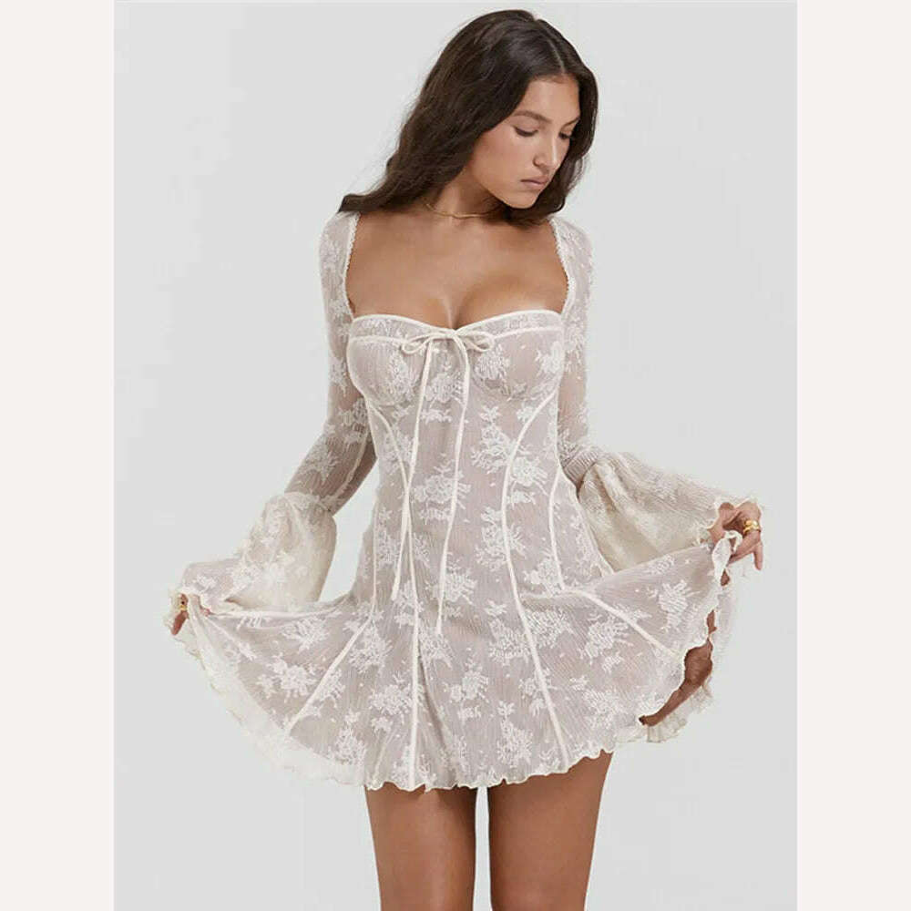 Mozision Elegant Print Mini Dress For Women Autumn Winter New Square Collar Long Sleeve Backless Loose Club Party Sexy Dress - KIMLUD