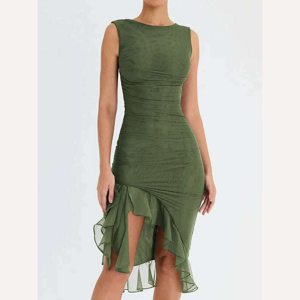 Mozision Elegant Ruffle Ruched Midi Dress For Women Robe Summer New Backless Sleeveless Irregular Club Party Sexy Dress Vestido - KIMLUD
