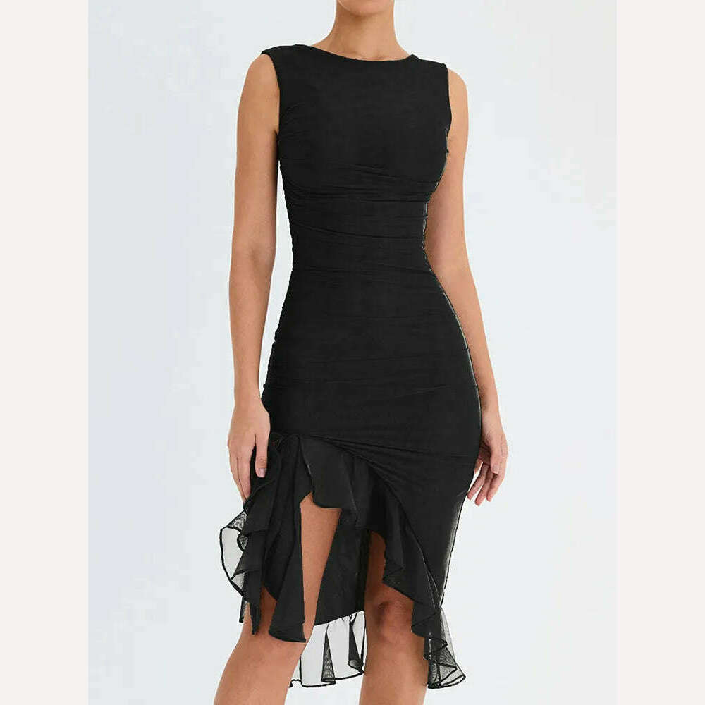Mozision Elegant Ruffle Ruched Midi Dress For Women Robe Summer New Backless Sleeveless Irregular Club Party Sexy Dress Vestido - KIMLUD