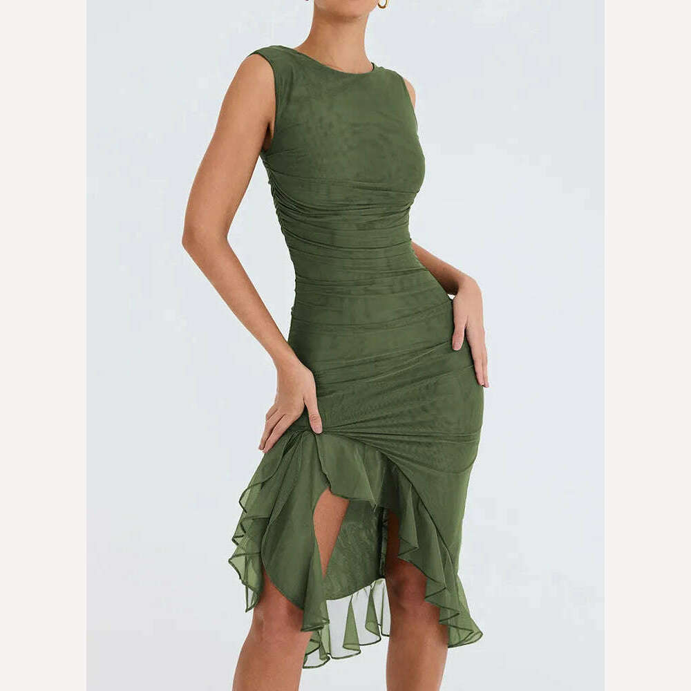 Mozision Elegant Ruffle Ruched Midi Dress For Women Robe Summer New Backless Sleeveless Irregular Club Party Sexy Dress Vestido - KIMLUD