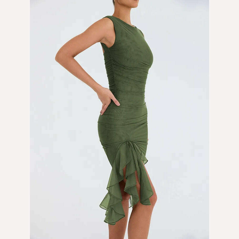 Mozision Elegant Ruffle Ruched Midi Dress For Women Robe Summer New Backless Sleeveless Irregular Club Party Sexy Dress Vestido - KIMLUD