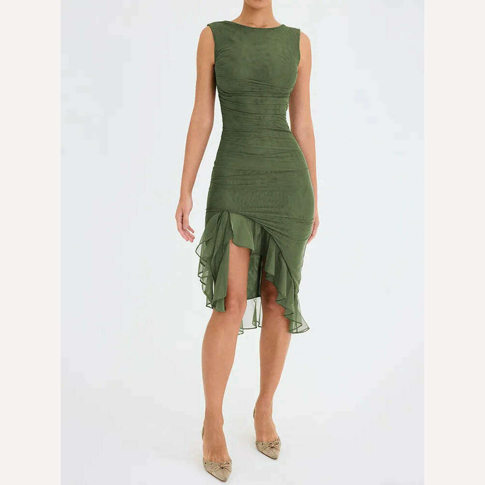 Mozision Elegant Ruffle Ruched Midi Dress For Women Robe Summer New Backless Sleeveless Irregular Club Party Sexy Dress Vestido - KIMLUD