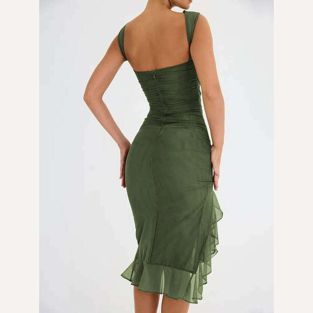 Mozision Elegant Ruffle Ruched Midi Dress For Women Robe Summer New Backless Sleeveless Irregular Club Party Sexy Dress Vestido - KIMLUD