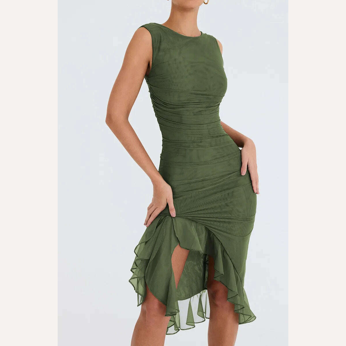 Mozision Elegant Ruffle Ruched Midi Dress For Women Robe Summer New Backless Sleeveless Irregular Club Party Sexy Dress Vestido - KIMLUD