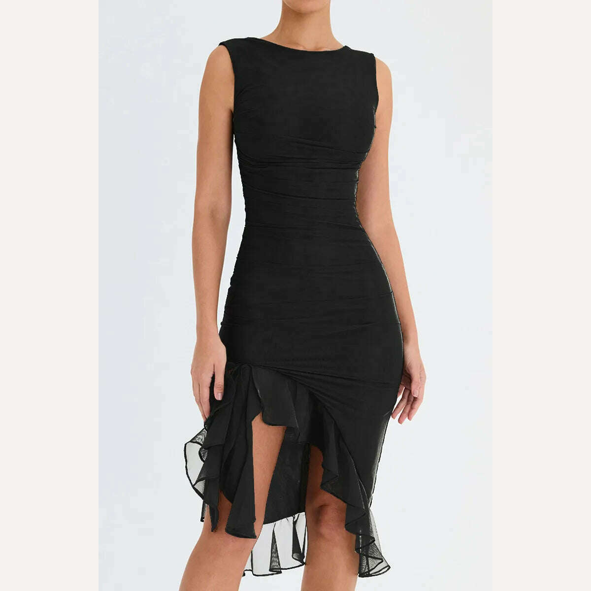 Mozision Elegant Ruffle Ruched Midi Dress For Women Robe Summer New Backless Sleeveless Irregular Club Party Sexy Dress Vestido - KIMLUD