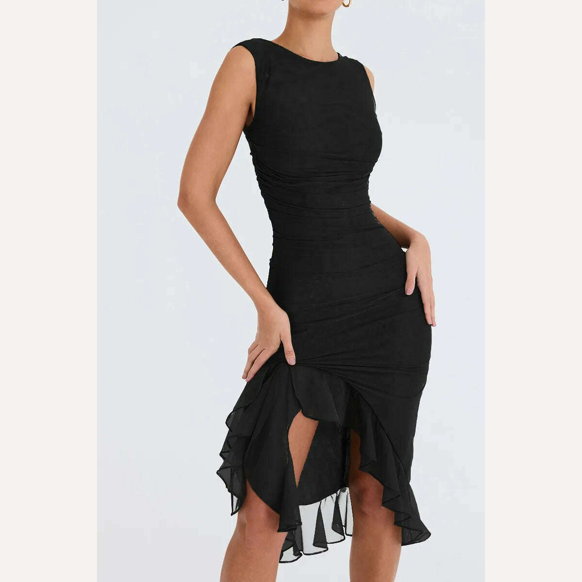 Mozision Elegant Ruffle Ruched Midi Dress For Women Robe Summer New Backless Sleeveless Irregular Club Party Sexy Dress Vestido - KIMLUD