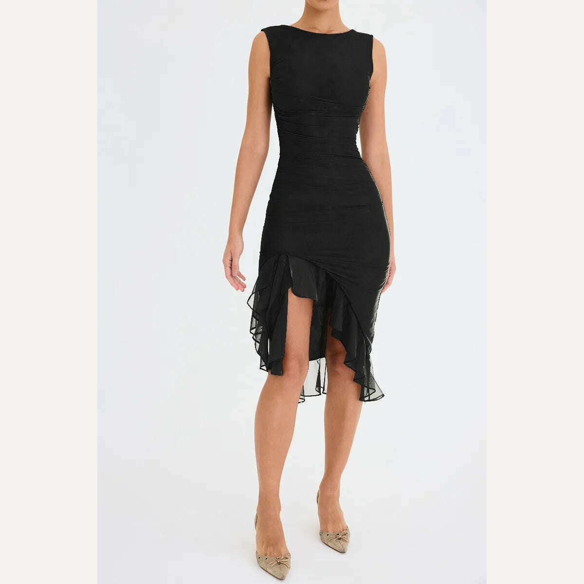 Mozision Elegant Ruffle Ruched Midi Dress For Women Robe Summer New Backless Sleeveless Irregular Club Party Sexy Dress Vestido - KIMLUD