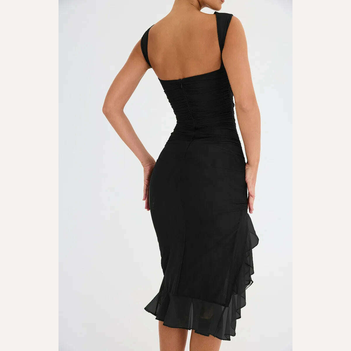 Mozision Elegant Ruffle Ruched Midi Dress For Women Robe Summer New Backless Sleeveless Irregular Club Party Sexy Dress Vestido - KIMLUD