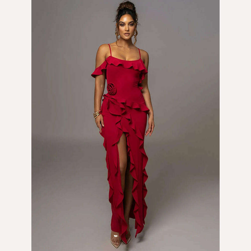 Mozision Elegant Ruffle Sexy Maxi Dress Women Spaghetti Strap Flower Sleeveless Backless High Split Club Party Evening Dress - KIMLUD