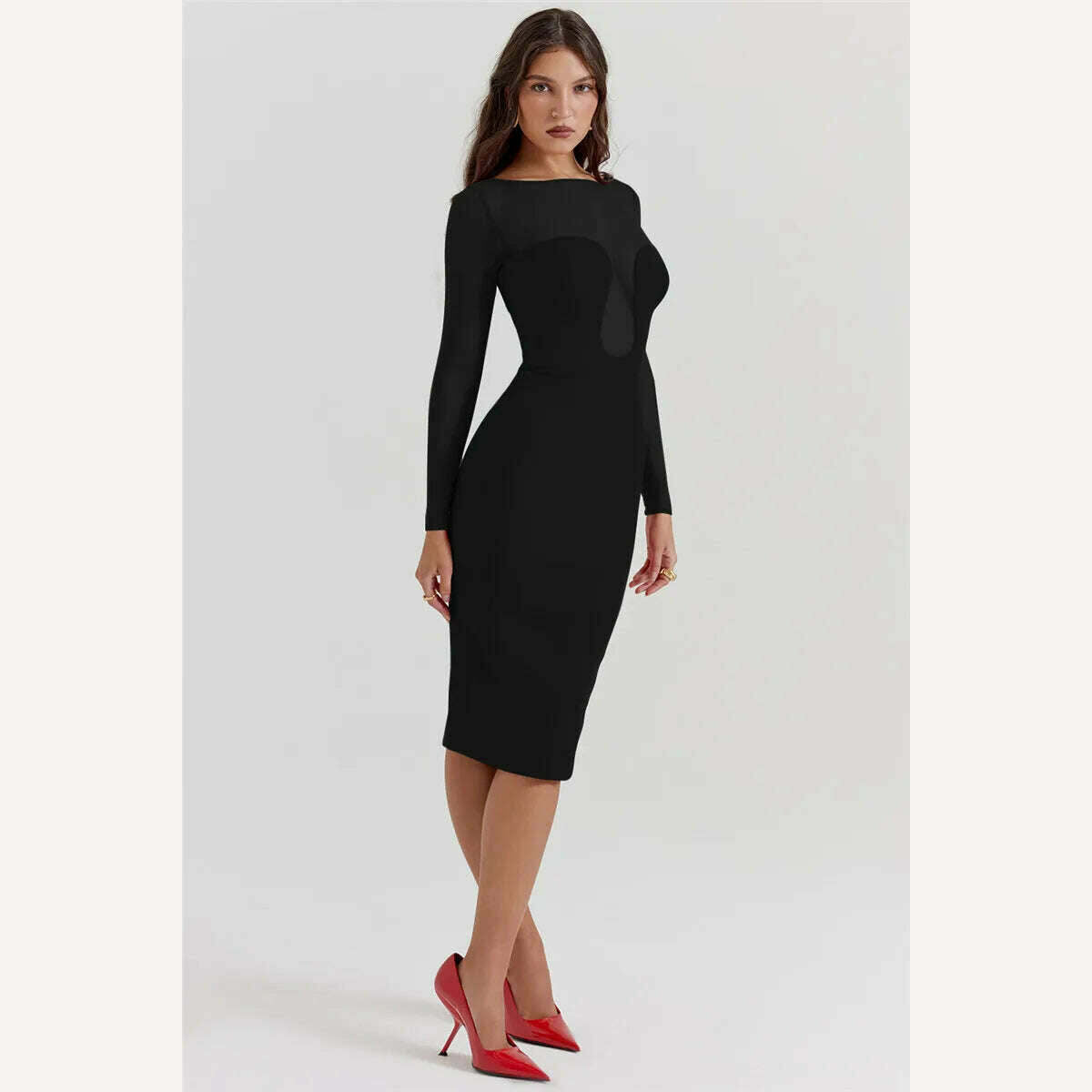 KIMLUD, Mozision Elegant Strapless Sexy Midi Dress For Women Fashion Sheer Long Sleeve Backless Split Bodycon Club Party Sexy Long Dress, KIMLUD Womens Clothes