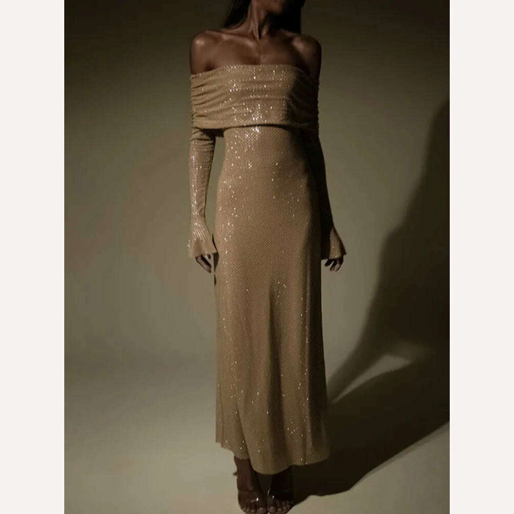 Mozision Elegant Strapless Sparkle Maxi Dress For Women Fashion Off-shoulder Backless Long Flare Sleeve Bodycon Club Party Dress - KIMLUD