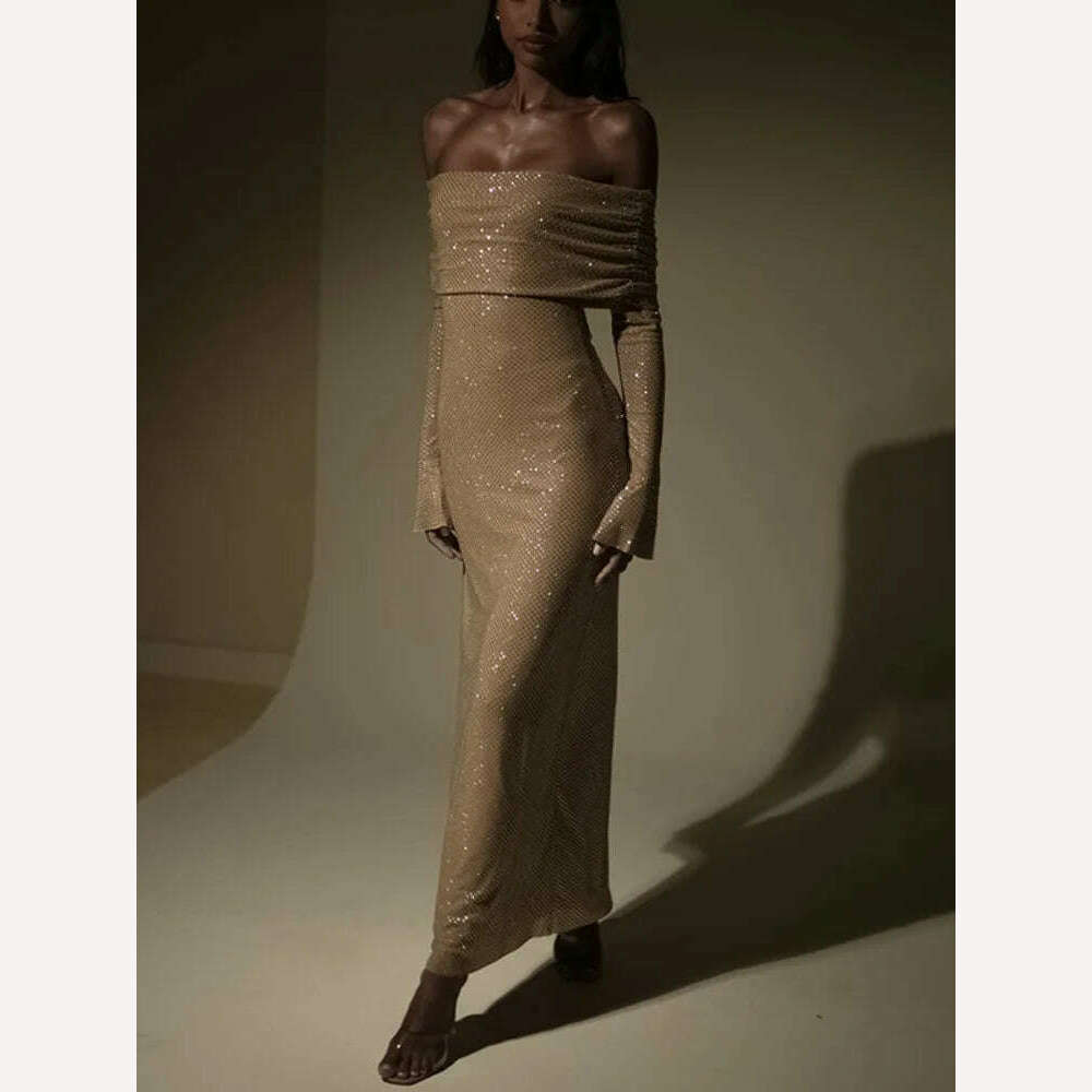 Mozision Elegant Strapless Sparkle Maxi Dress For Women Fashion Off-shoulder Backless Long Flare Sleeve Bodycon Club Party Dress - KIMLUD
