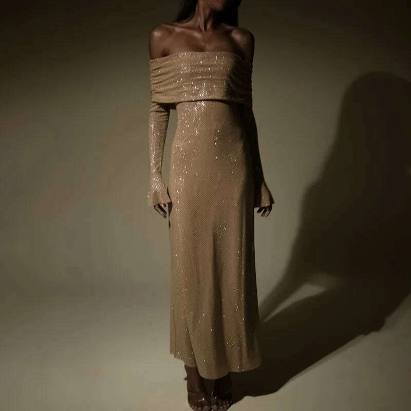 Mozision Elegant Strapless Sparkle Maxi Dress For Women Fashion Off-shoulder Backless Long Flare Sleeve Bodycon Club Party Dress - KIMLUD
