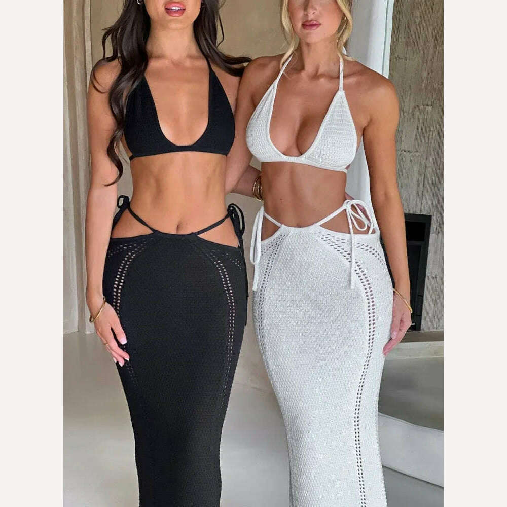 KIMLUD, Mozision Hollow Out Knit Dress Set Women Lace-up Crop Top And Long Skirt Matching Sets Female Sexy Club Party Two Piece Set, KIMLUD Womens Clothes