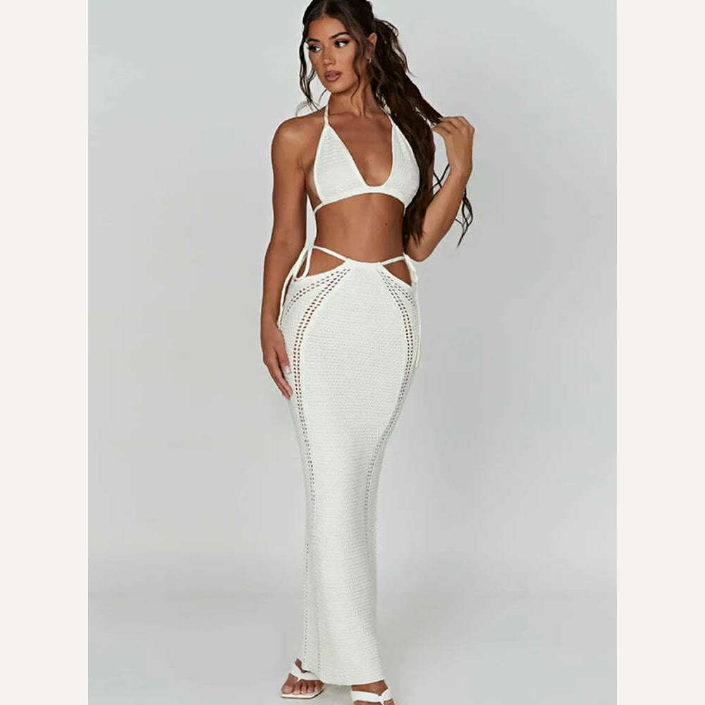 KIMLUD, Mozision Hollow Out Knit Dress Set Women Lace-up Crop Top And Long Skirt Matching Sets Female Sexy Club Party Two Piece Set, White / S, KIMLUD Womens Clothes