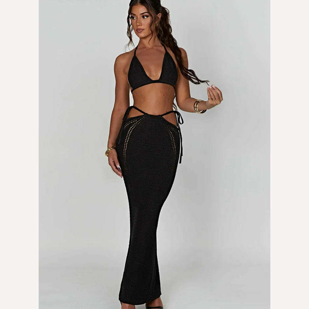 KIMLUD, Mozision Hollow Out Knit Dress Set Women Lace-up Crop Top And Long Skirt Matching Sets Female Sexy Club Party Two Piece Set, KIMLUD Womens Clothes