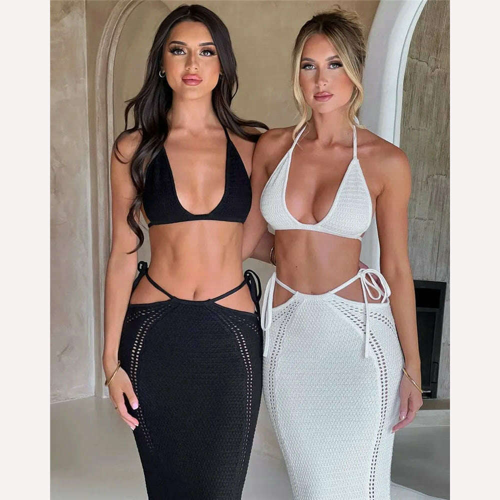 KIMLUD, Mozision Hollow Out Knit Dress Set Women Lace-up Crop Top And Long Skirt Matching Sets Female Sexy Club Party Two Piece Set, KIMLUD Womens Clothes