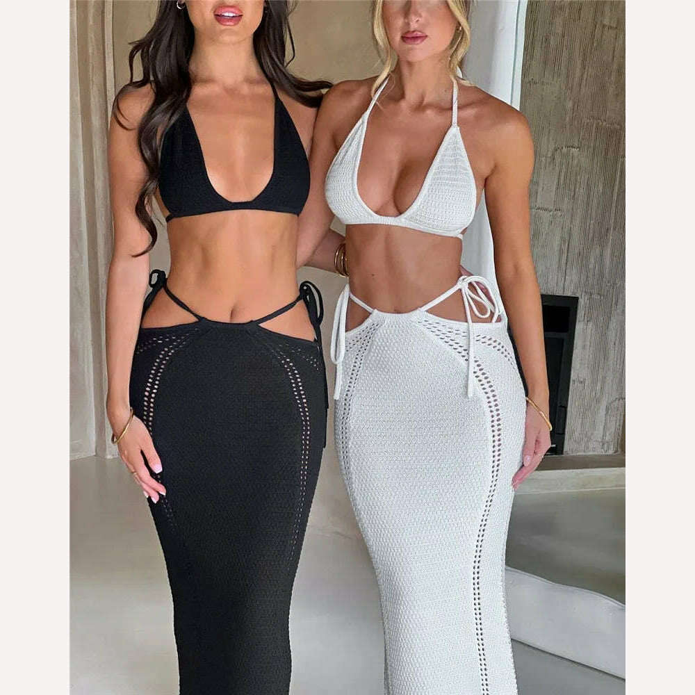 KIMLUD, Mozision Hollow Out Knit Dress Set Women Lace-up Crop Top And Long Skirt Matching Sets Female Sexy Club Party Two Piece Set, KIMLUD Womens Clothes