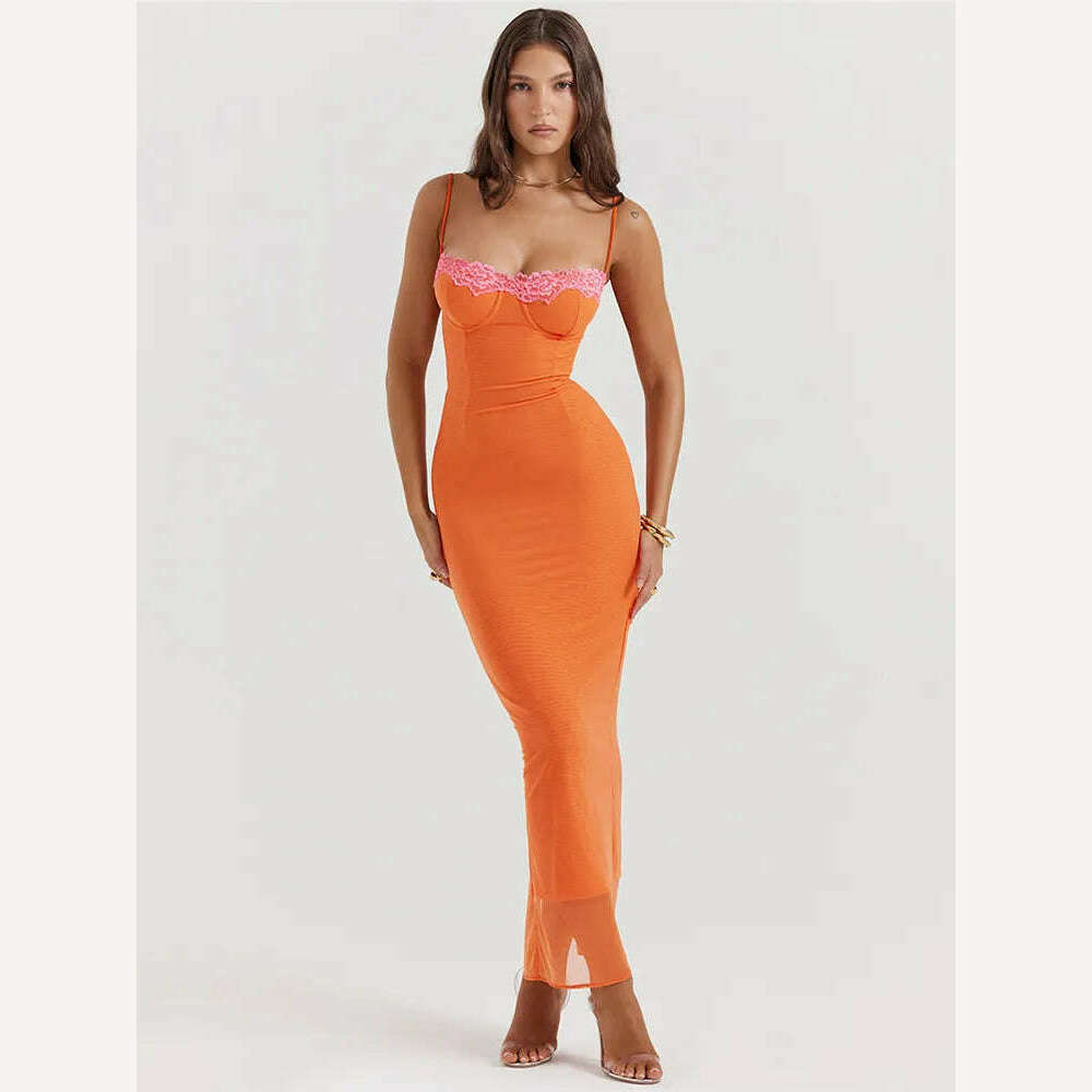 Mozision Lace Spaghetti Strap Bodycon Maxi Dress Women Robe New Patchwork Strapless Sleeveless Backless Sexy Club Party Dress - KIMLUD