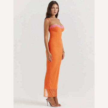 KIMLUD, Lace Dress Spaghetti Strap Backless Bodycon Maxi — Orange | KIMLUD, KIMLUD Womens Clothes