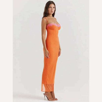 KIMLUD, Lace Dress Spaghetti Strap Backless Bodycon Maxi — Orange | KIMLUD, KIMLUD Womens Clothes