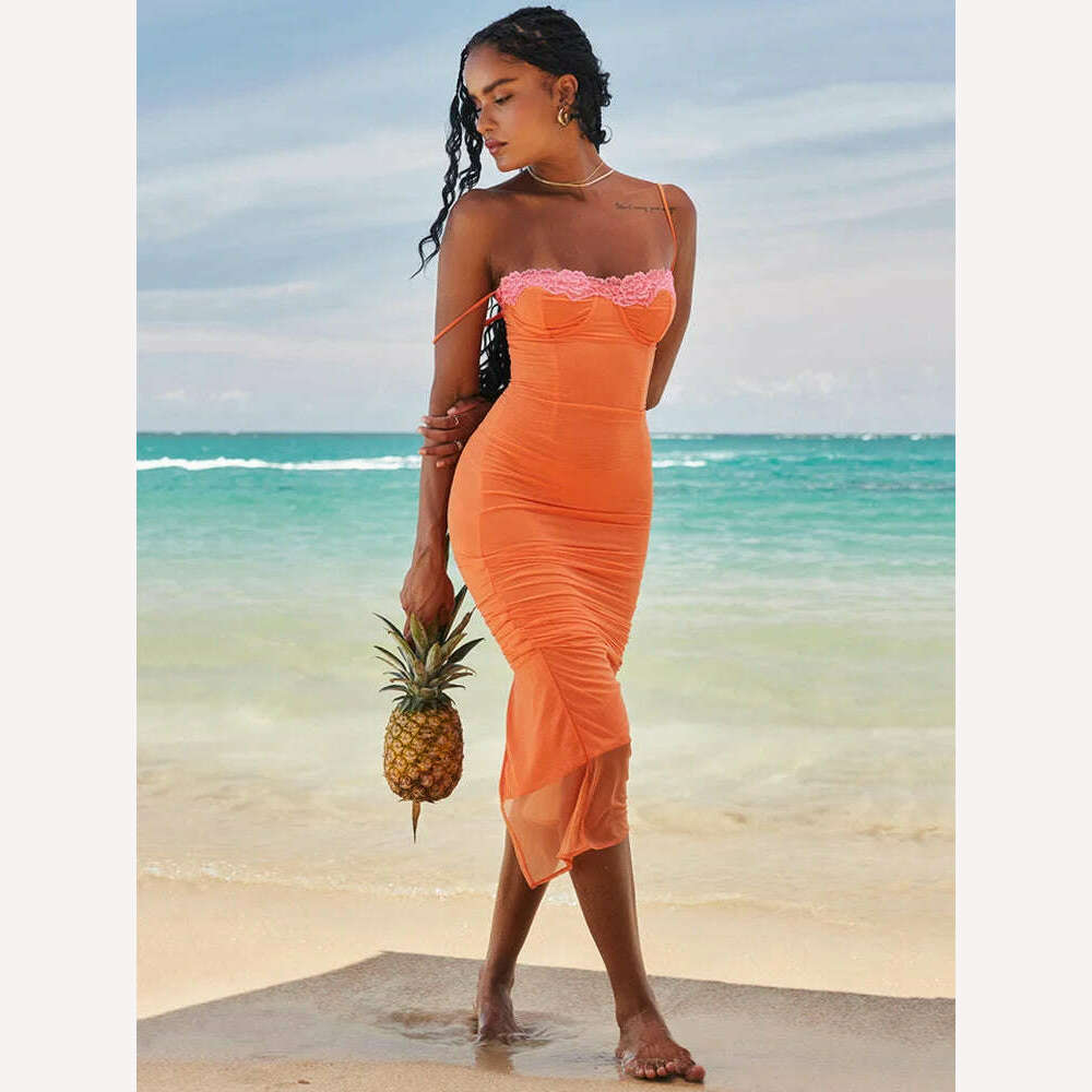 Mozision Lace Spaghetti Strap Bodycon Maxi Dress Women Robe New Patchwork Strapless Sleeveless Backless Sexy Club Party Dress - KIMLUD