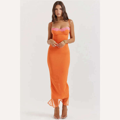 KIMLUD, Lace Dress Spaghetti Strap Backless Bodycon Maxi — Orange | KIMLUD, KIMLUD Womens Clothes
