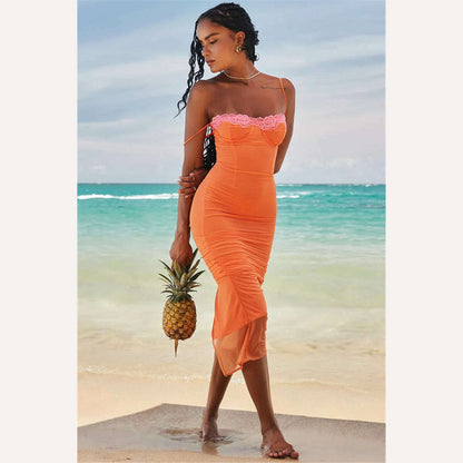KIMLUD, Lace Dress Spaghetti Strap Backless Bodycon Maxi — Orange | KIMLUD, KIMLUD Womens Clothes