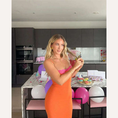 KIMLUD, Lace Dress Spaghetti Strap Backless Bodycon Maxi — Orange | KIMLUD, KIMLUD Womens Clothes