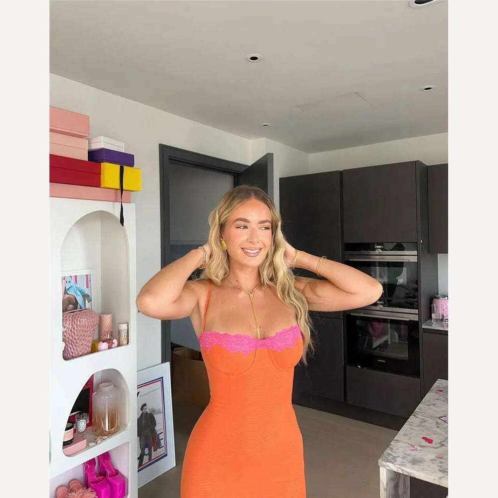 Mozision Lace Spaghetti Strap Bodycon Maxi Dress Women Robe New Patchwork Strapless Sleeveless Backless Sexy Club Party Dress - KIMLUD