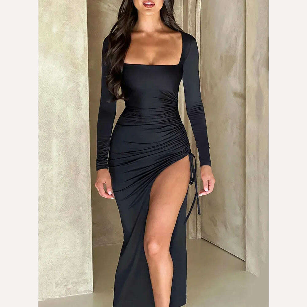 Mozision Long Sleeve Ruched High Split Maxi Dress Women Square Collar Drawstring Bodycon Sexy Party Long Dress Elegant Autumn - KIMLUD