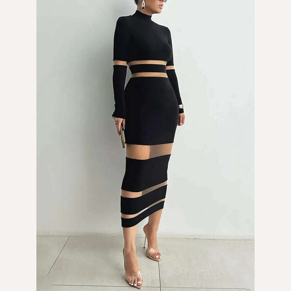 Mozision Patchwork Bodycon Sexy Midi Dress For Women 2023 Autumn Winter New Turtleneck Long Sleeve Club Party Sexy Dress Elegant - KIMLUD