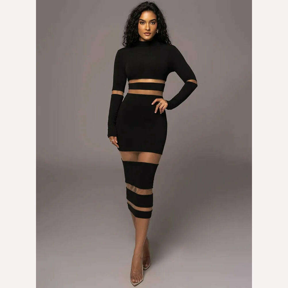 Mozision Patchwork Bodycon Sexy Midi Dress For Women 2023 Autumn Winter New Turtleneck Long Sleeve Club Party Sexy Dress Elegant - KIMLUD