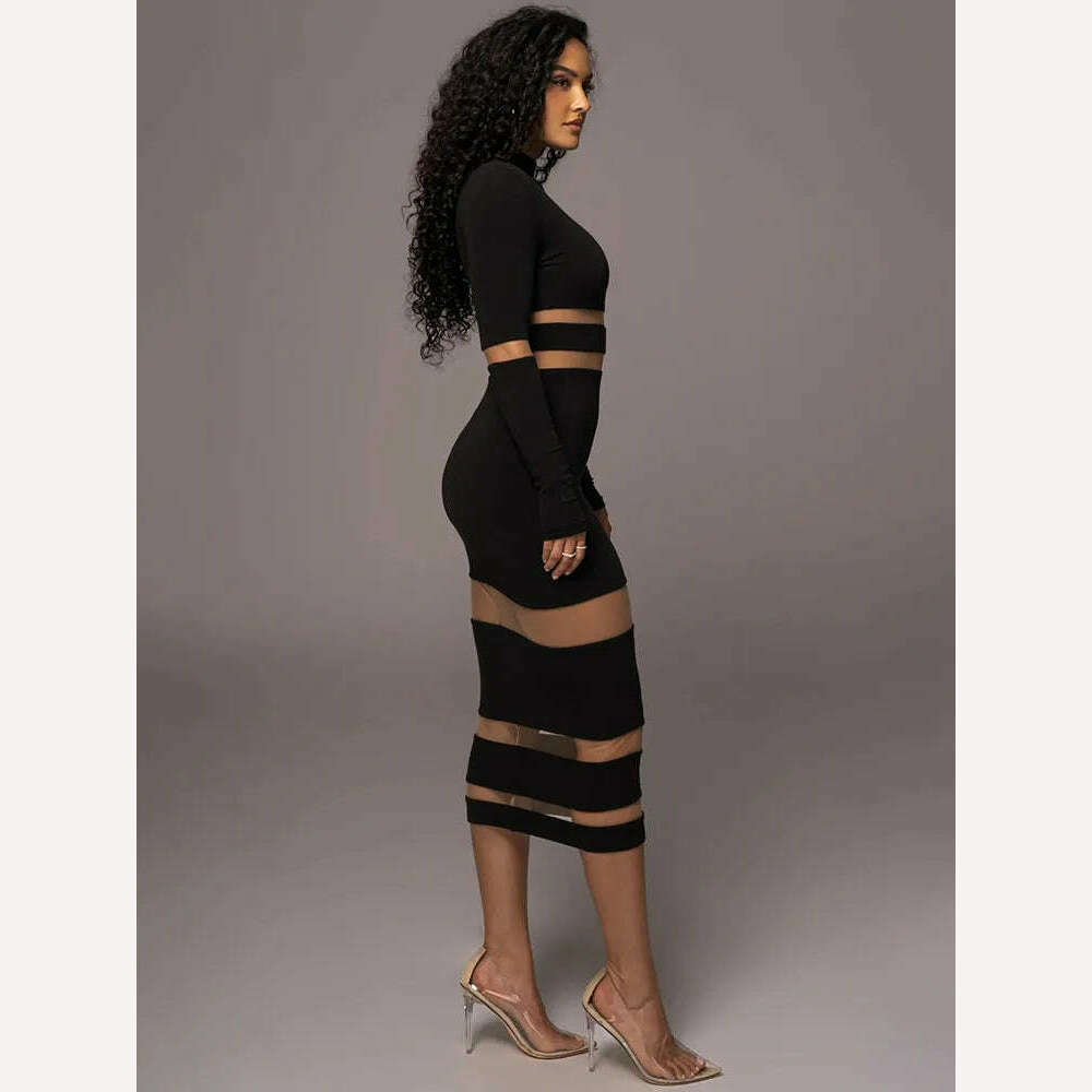Mozision Patchwork Bodycon Sexy Midi Dress For Women 2023 Autumn Winter New Turtleneck Long Sleeve Club Party Sexy Dress Elegant - KIMLUD