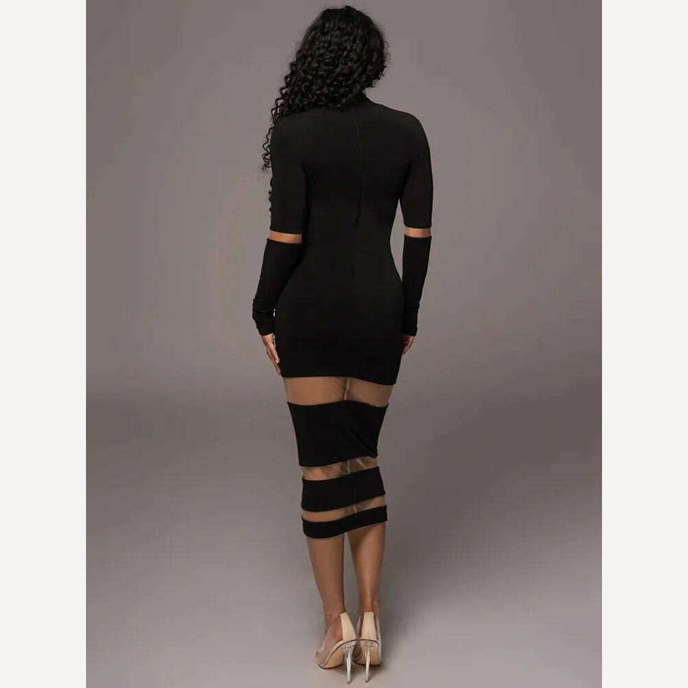 Mozision Patchwork Bodycon Sexy Midi Dress For Women 2023 Autumn Winter New Turtleneck Long Sleeve Club Party Sexy Dress Elegant - KIMLUD