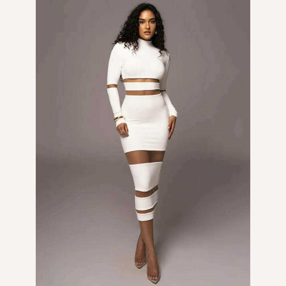 KIMLUD, Mozision Patchwork Bodycon Sexy Midi Dress For Women 2023 Autumn Winter New Turtleneck Long Sleeve Club Party Sexy Dress Elegant, White / S, KIMLUD Womens Clothes