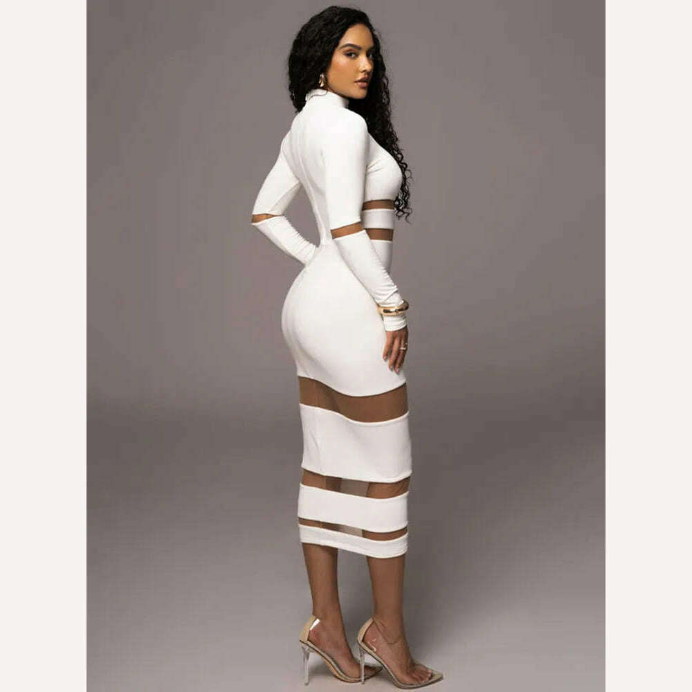 Mozision Patchwork Bodycon Sexy Midi Dress For Women 2023 Autumn Winter New Turtleneck Long Sleeve Club Party Sexy Dress Elegant - KIMLUD
