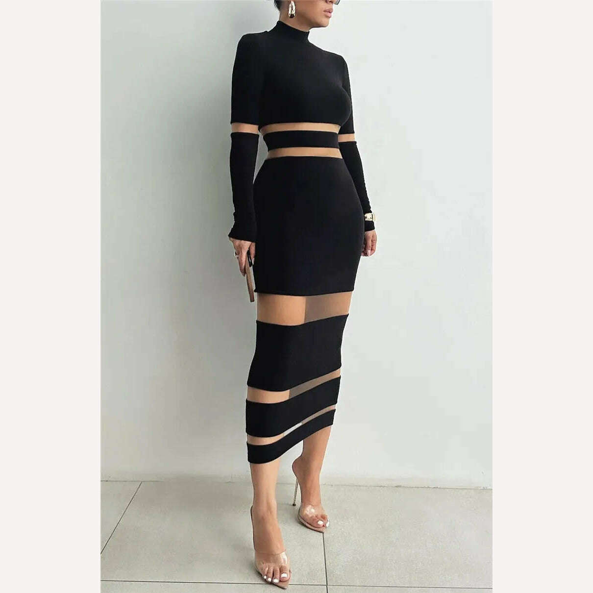 Mozision Patchwork Bodycon Sexy Midi Dress For Women 2023 Autumn Winter New Turtleneck Long Sleeve Club Party Sexy Dress Elegant - KIMLUD