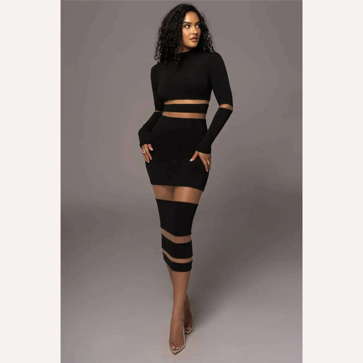 Mozision Patchwork Bodycon Sexy Midi Dress For Women 2023 Autumn Winter New Turtleneck Long Sleeve Club Party Sexy Dress Elegant - KIMLUD