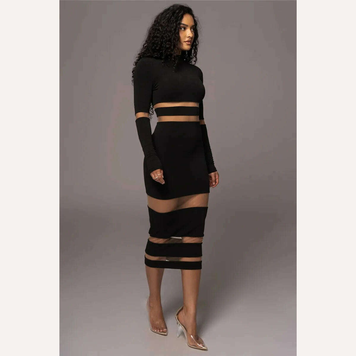 Mozision Patchwork Bodycon Sexy Midi Dress For Women 2023 Autumn Winter New Turtleneck Long Sleeve Club Party Sexy Dress Elegant - KIMLUD